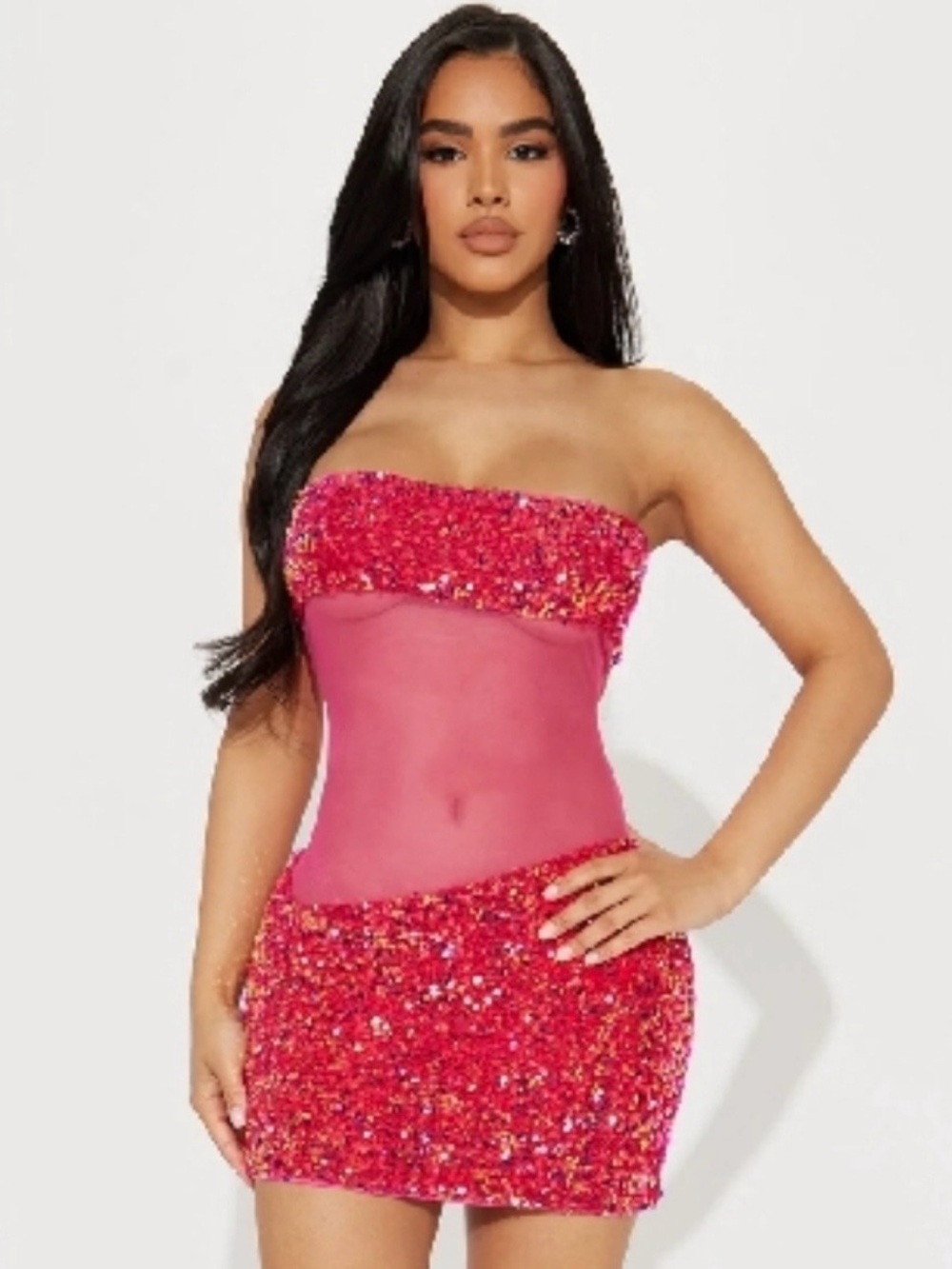 Hot Pink Sequin Strapless Mini Dress